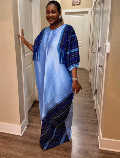 African luxury stoned blue micado with ofi | Free size bubu party dress