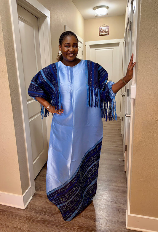 African luxury stoned blue micado with ofi | Free size bubu party dress