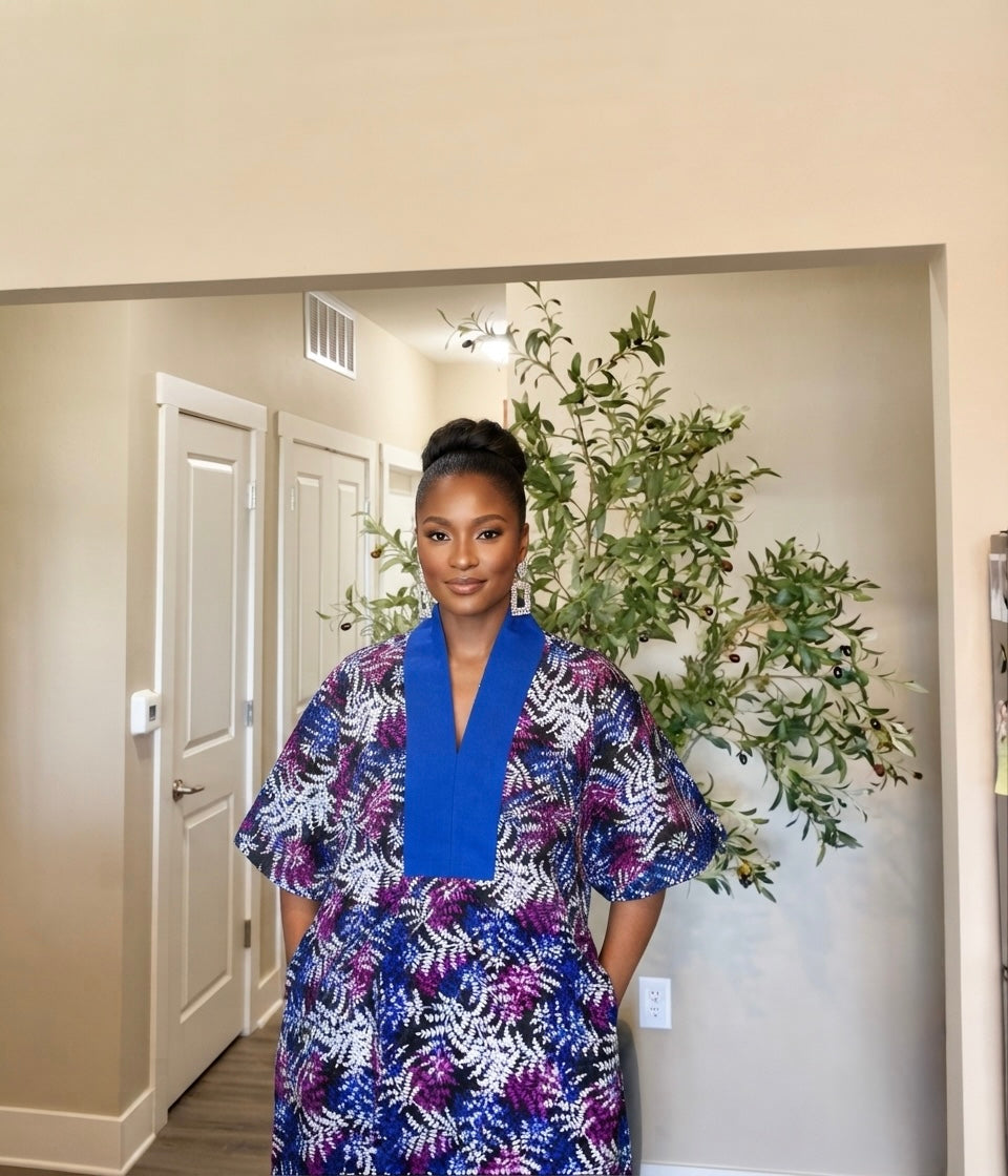 Blue Ankara Kaftan Fringe Dress
