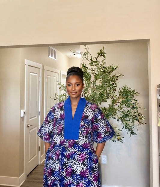 Blue Ankara Kaftan Fringe Dress