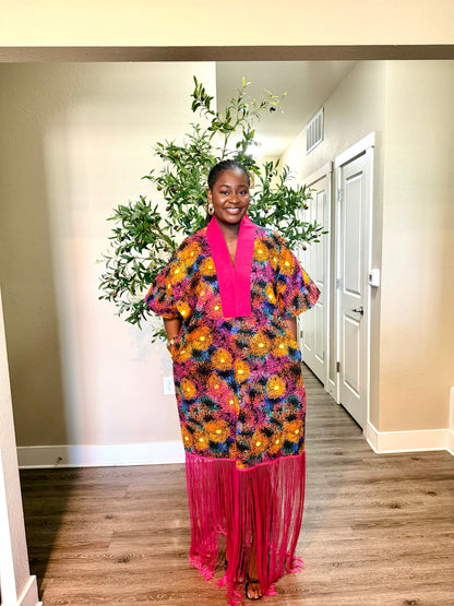 Pink Ankara Kaftan Fringe Dress