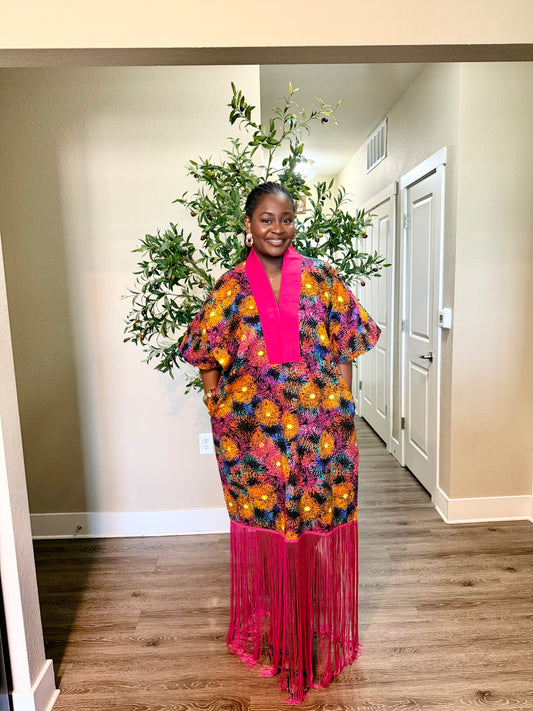 Pink Ankara Kaftan Fringe Dress