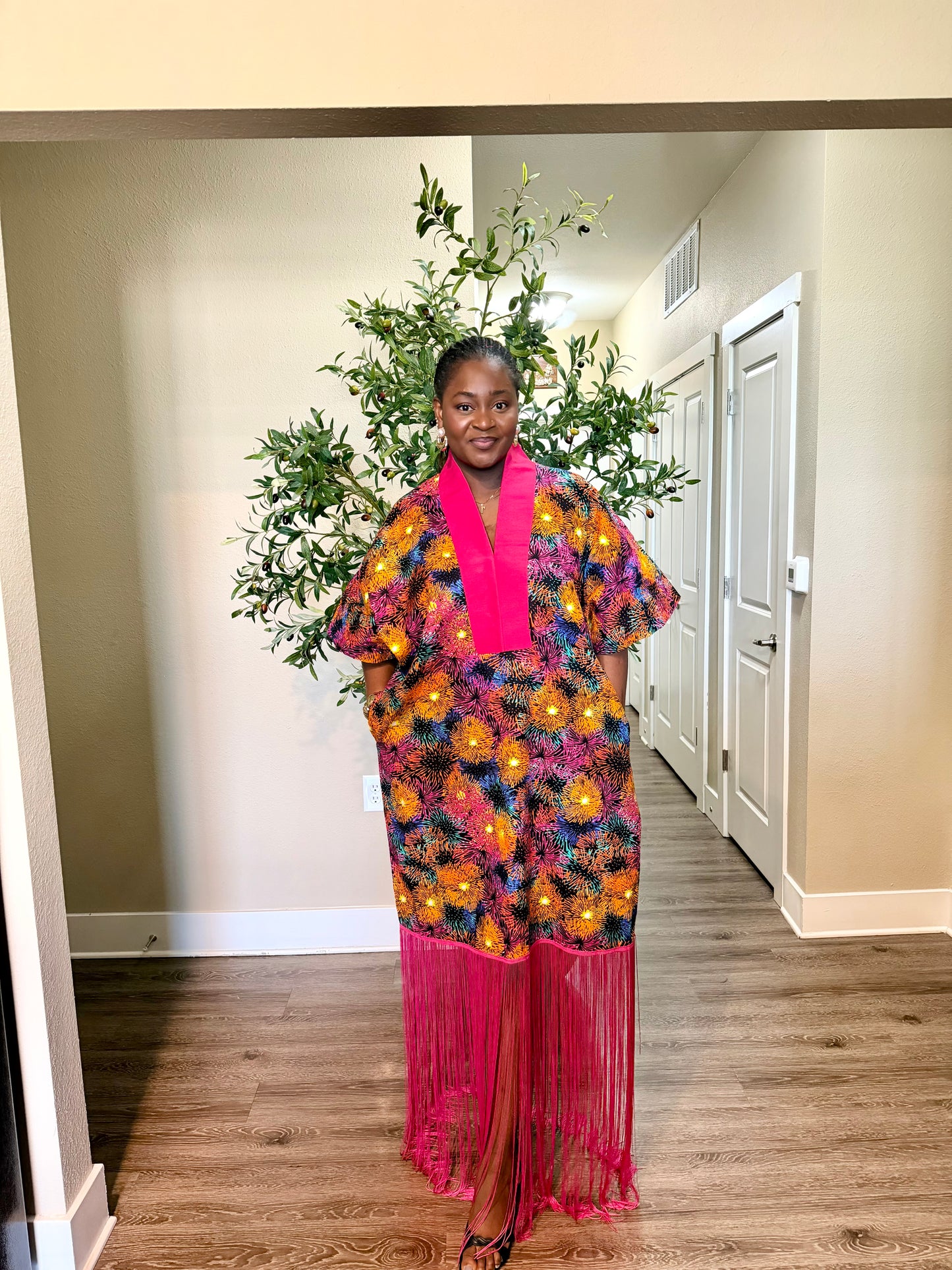Pink Ankara Kaftan Fringe Dress
