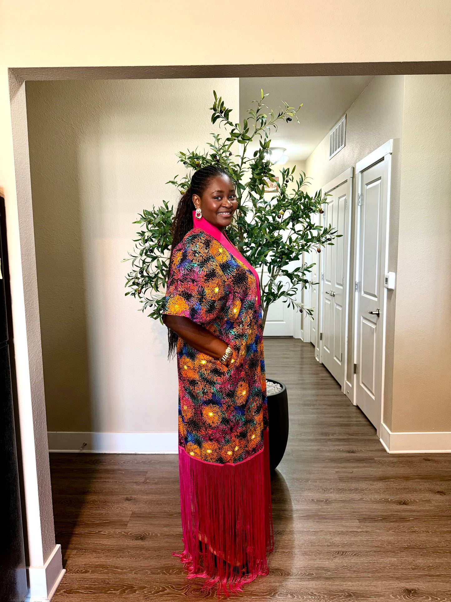 Pink Ankara Kaftan Fringe Dress