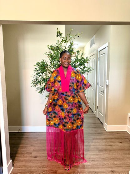 Pink Ankara Kaftan Fringe Dress