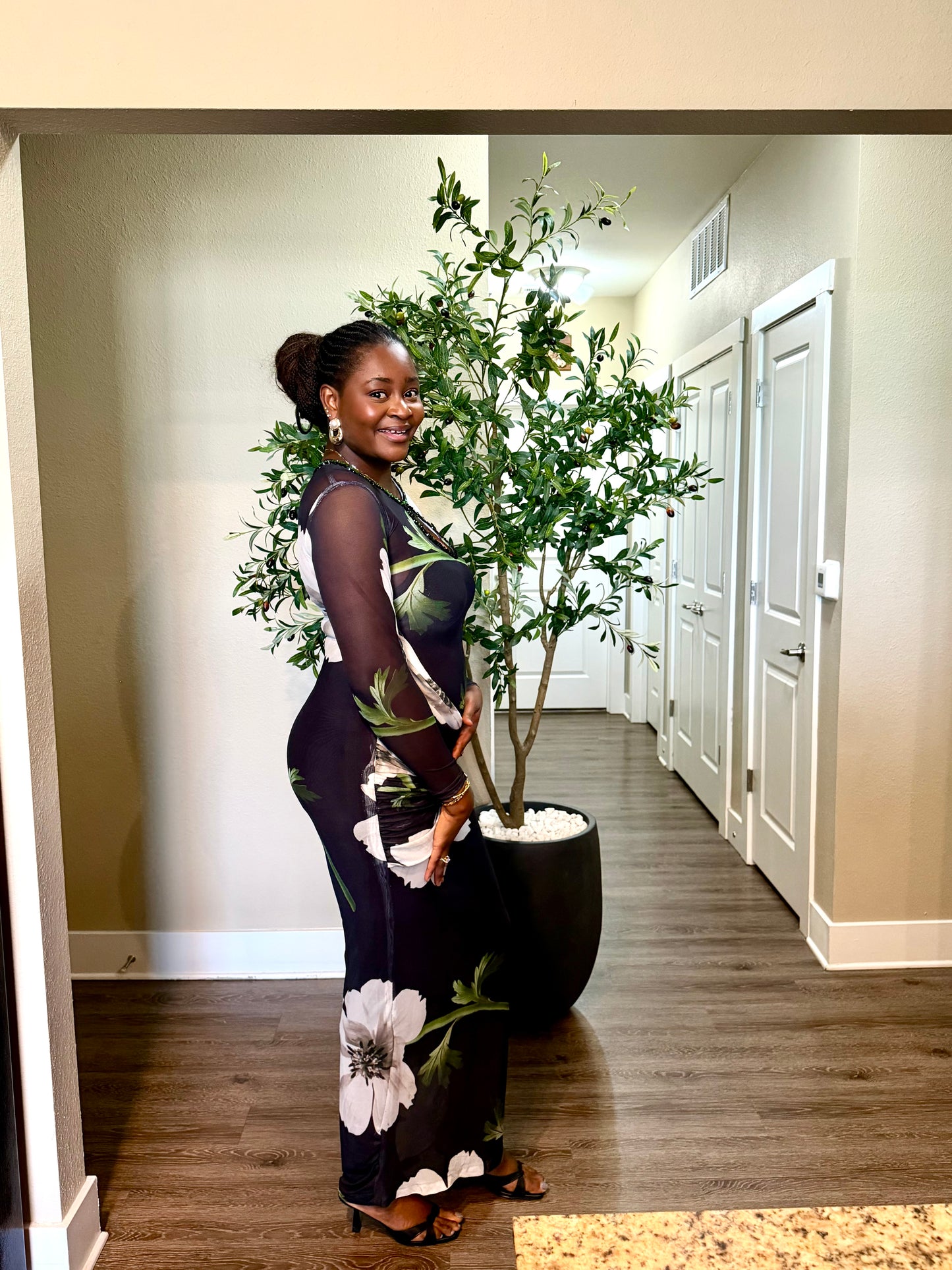 Black Floral Print Bodycon Dress