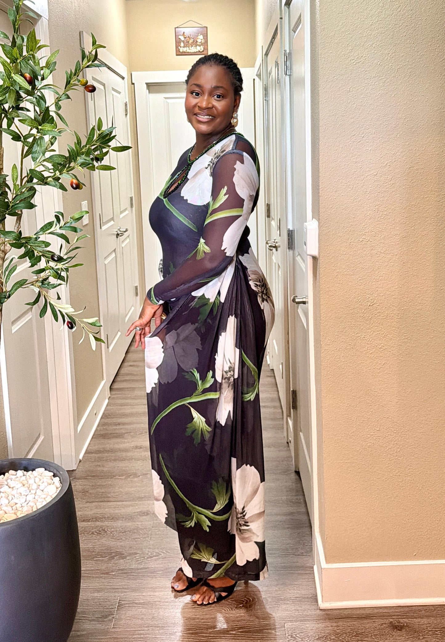 Black Floral Print Bodycon Dress