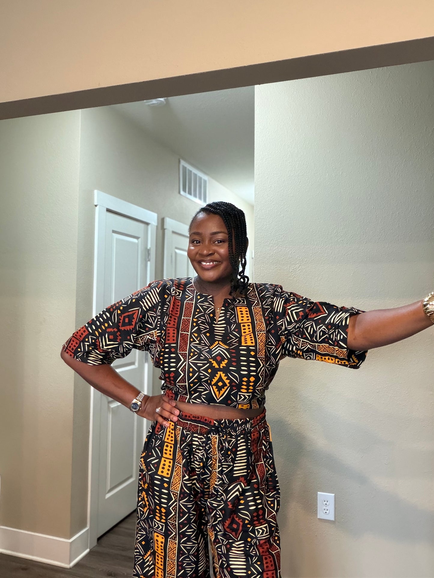 African Print Crop Top & Wide-Leg Pant Set