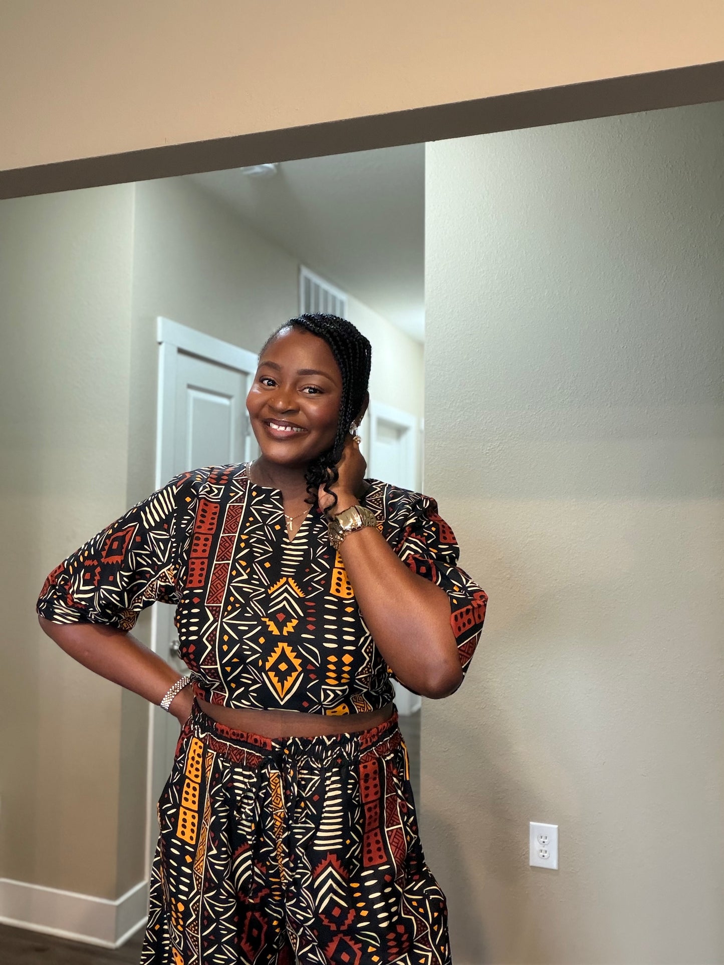African Print Crop Top & Wide-Leg Pant Set