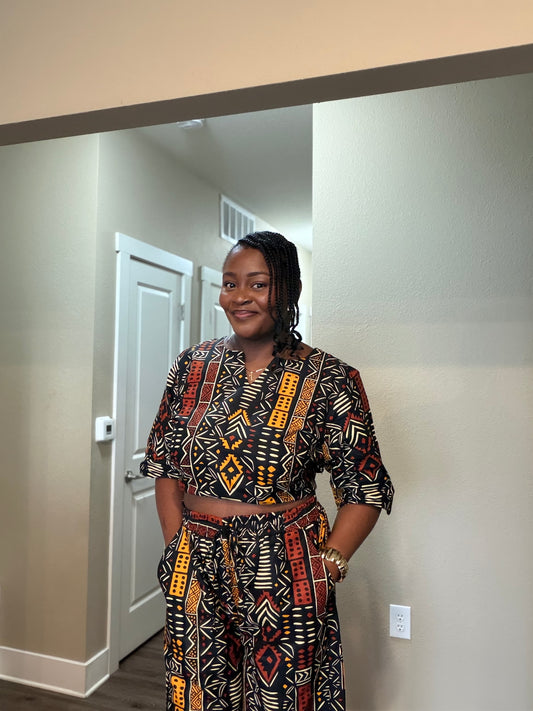 African Print Crop Top & Wide-Leg Pant Set