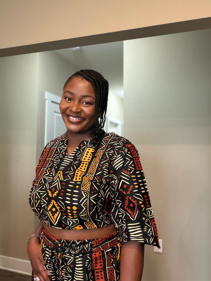 African Print Crop Top & Wide-Leg Pant Set