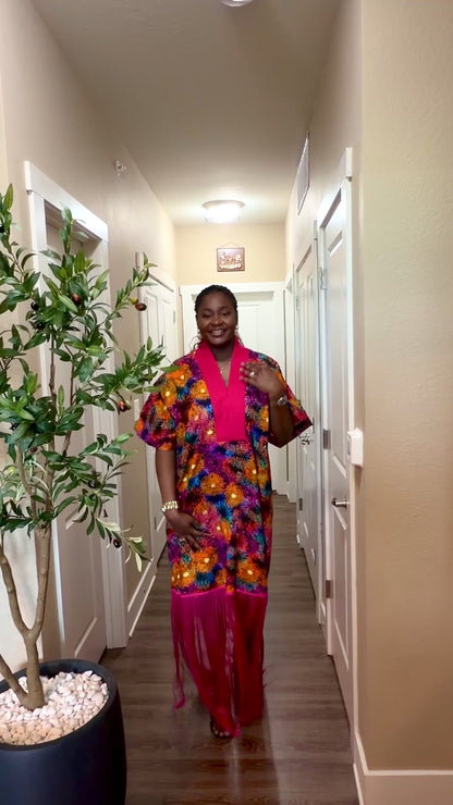 Pink Ankara Kaftan Fringe Dress